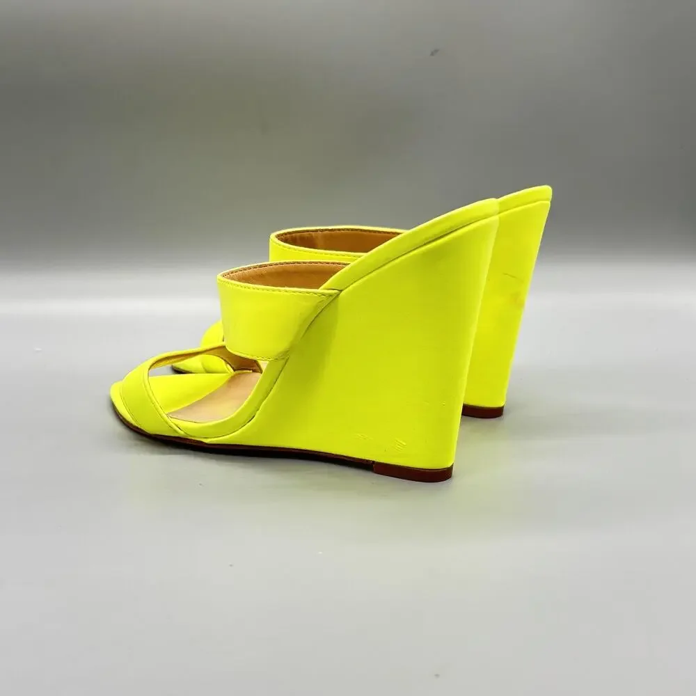 Schutz Shoes Womens 7 Yellow Leather Mule High Wedge Heels Pointed Toe Neon